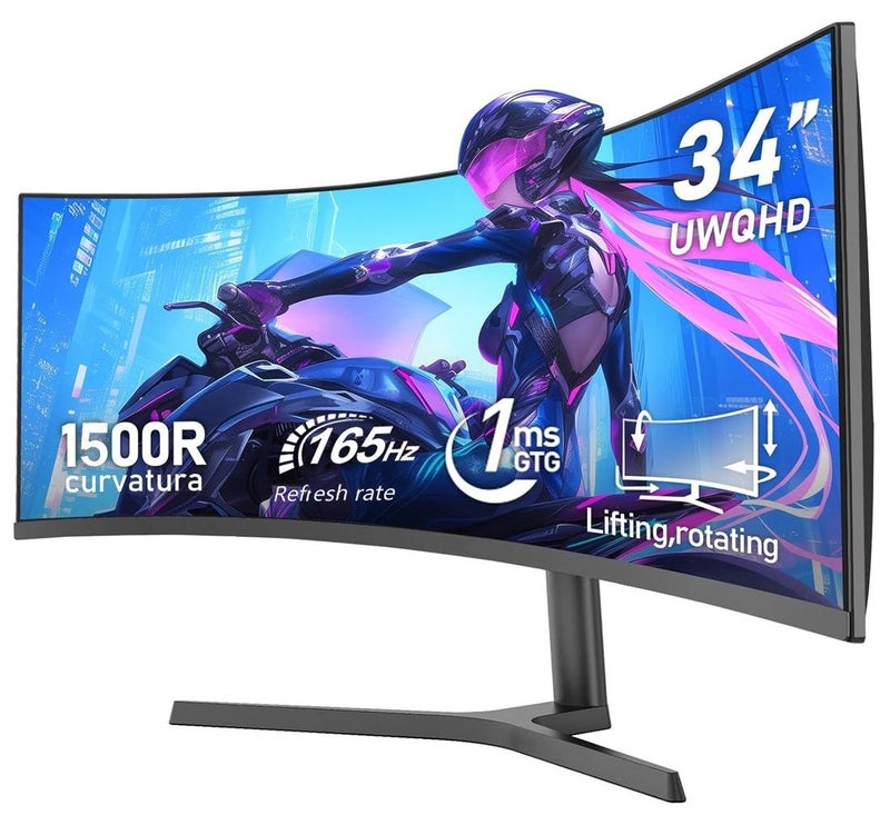 HILUKE 34 inch,3440 x 1440 Ultrawide Curved Gaming Monitor,165Hz UWQHD,1500R PC Screen,Curved Computer Screen with FreeSync, Adjustable Tilt - Image 1