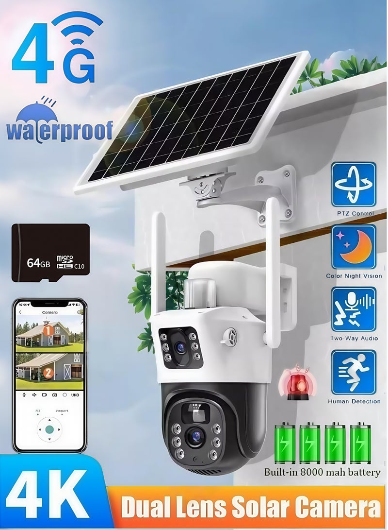 Generic 4K 8MP Solar Camera 4G Sim PTZ Cameras Outdoor Dual Lens IP Camara Solar Panel CCTV Security Built in Battery PIR Cam (With 64GB SD Card)  - Image 1