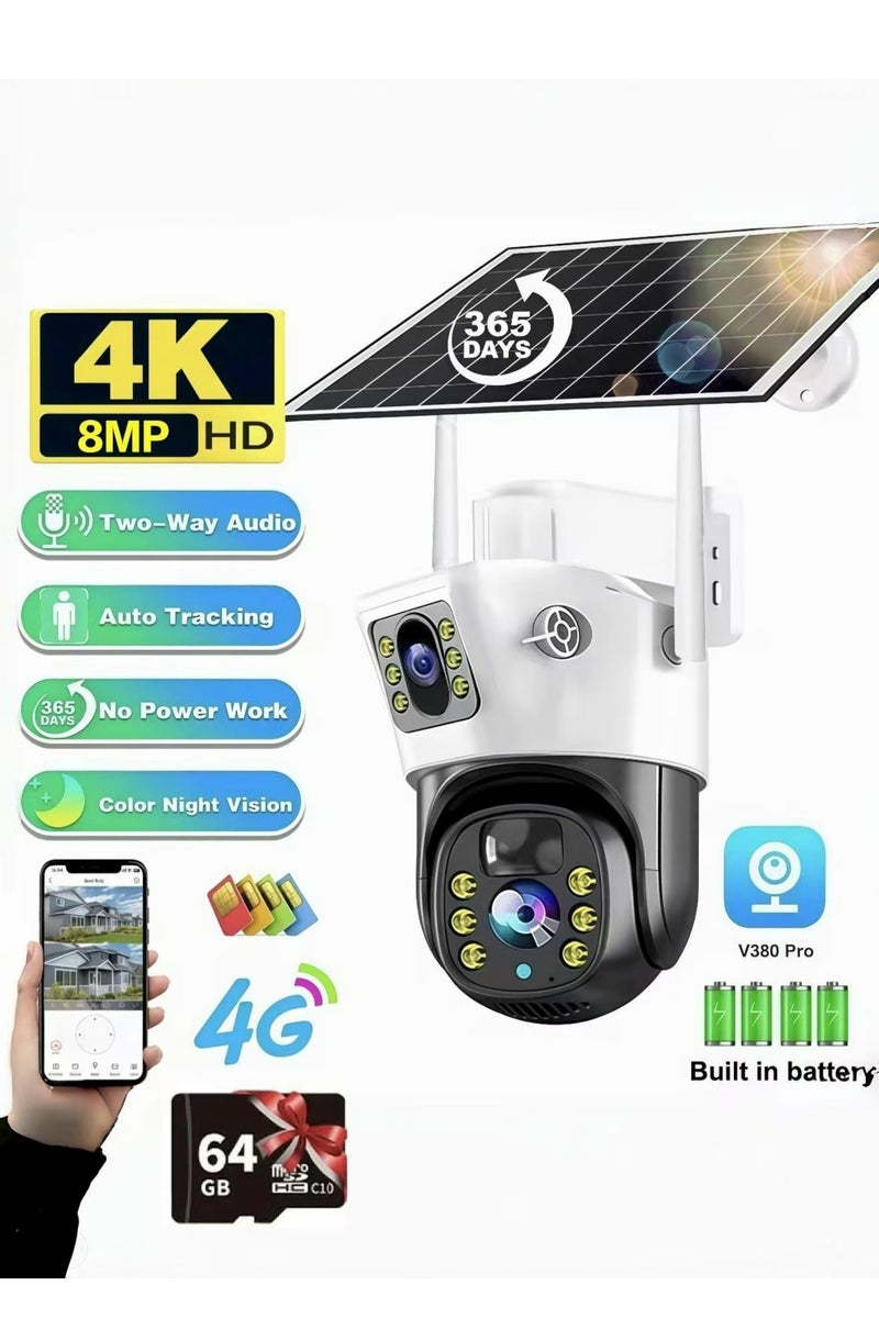 Generic 4K 8MP Solar Camera 4G Sim PTZ Cameras Outdoor Dual Lens IP Camara Solar Panel CCTV Security Built in Battery PIR Cam (With 64GB SD Card) - Image 1