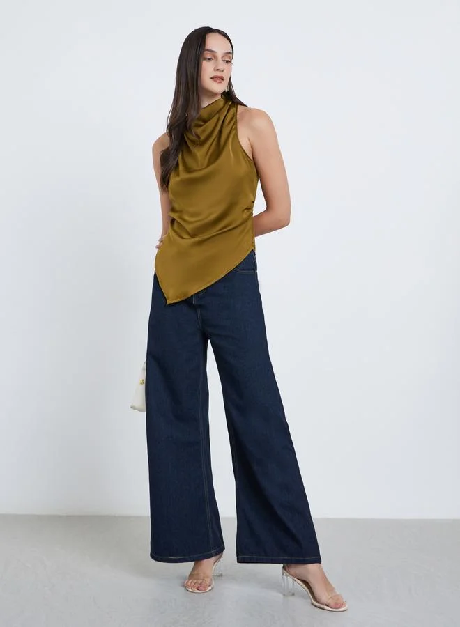 Styli Styli Women Green Turtle Neck Asymmetric Hem Blouse