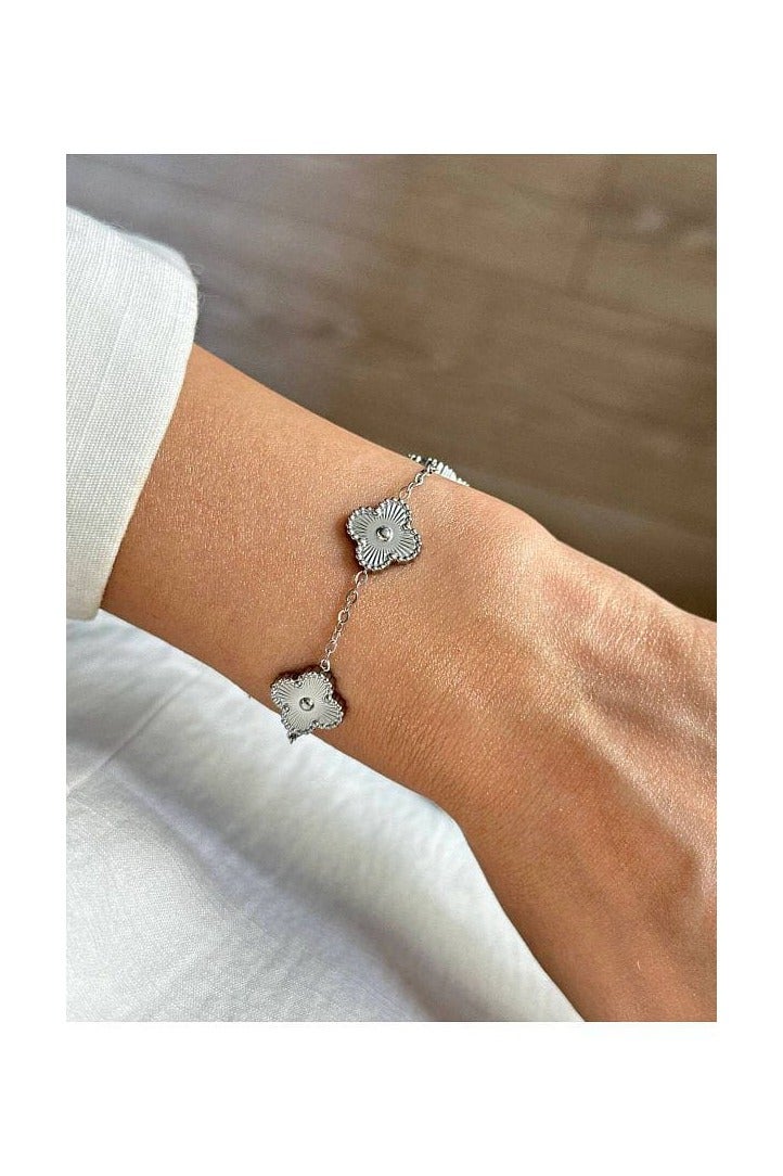Luxuria 18K Gold Plated Stainless Steel Four Leaf Clover Bracelet for Women and Men - Silver - Image 2