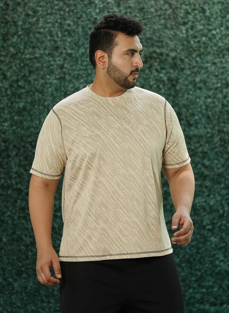 انستافاب بلس Instafab Plus Men's Sand Beige Plash-Imprint Activewear T-Shirt For Casual Wear | Round Neck | Short Sleeves | Pull On Closure | Plus Size Jersey T-Shirt Crafted With Comfort Fit For Everyday Wear