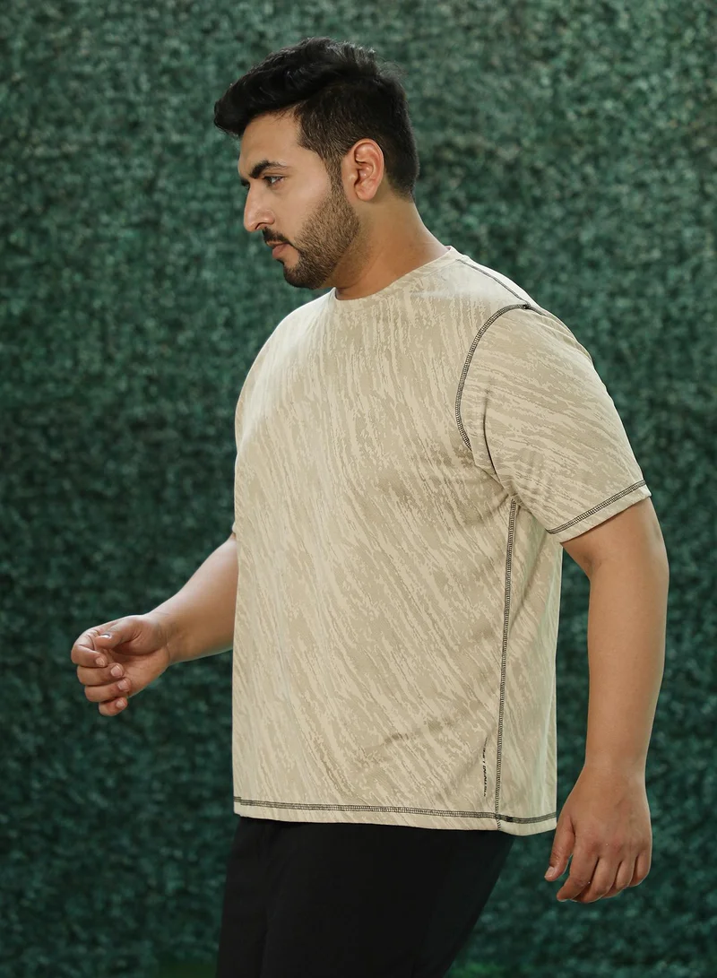 Instafab Plus Instafab Plus Men's Sand Beige Plash-Imprint Activewear T-Shirt For Casual Wear | Round Neck | Short Sleeves | Pull On Closure | Plus Size Jersey T-Shirt Crafted With Comfort Fit For Everyday Wear