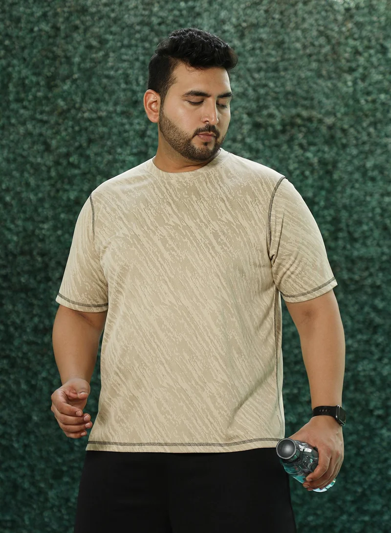 انستافاب بلس Instafab Plus Men's Sand Beige Plash-Imprint Activewear T-Shirt For Casual Wear | Round Neck | Short Sleeves | Pull On Closure | Plus Size Jersey T-Shirt Crafted With Comfort Fit For Everyday Wear