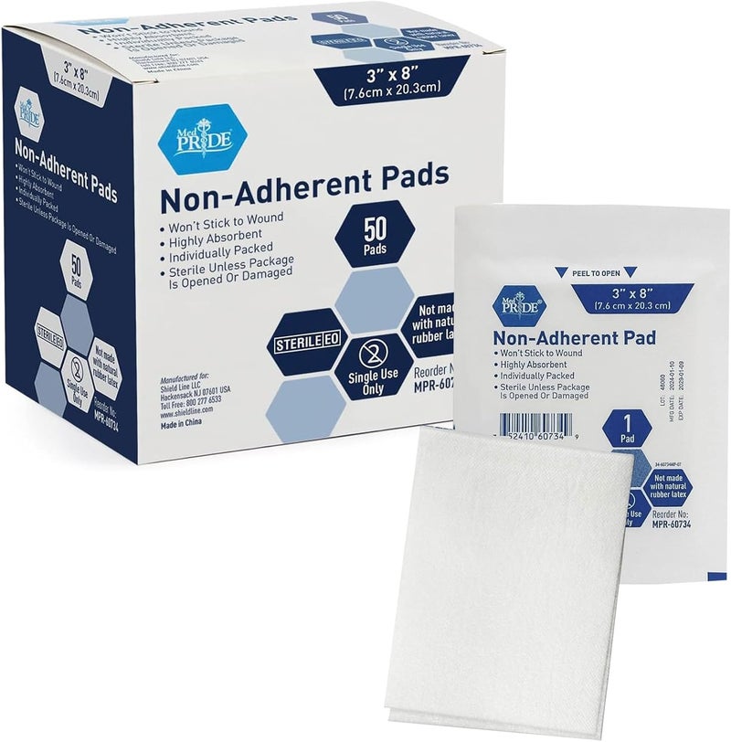 Medpride Sterile Nonstick Pads for Wound Care, Absorbent Non-Adherent, Painless Removal, Individually Wrapped (3x8 Inch (Pack of 50)) - Image 1