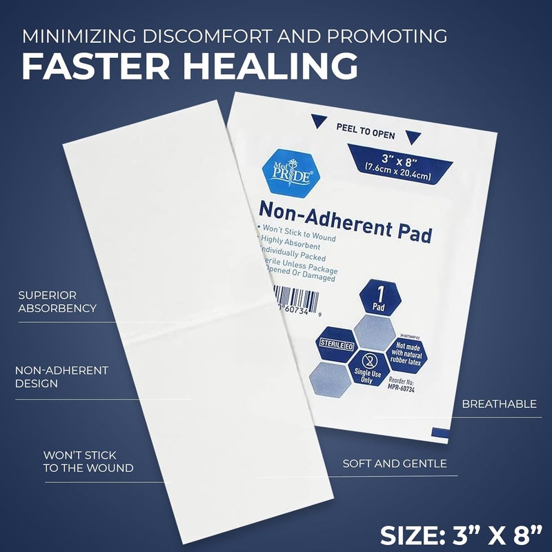 Medpride Sterile Nonstick Pads for Wound Care, Absorbent Non-Adherent, Painless Removal, Individually Wrapped (3x8 Inch (Pack of 50)) - Image 2