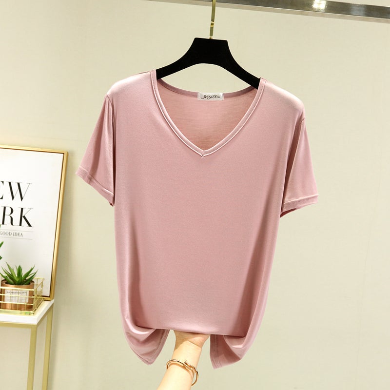 Modal Short-sleeved T-shirt Womens Summer plus size Loose V-neck Base Shirt Korean Style Slim-fit Thin Solid Color Top lotus root starch 