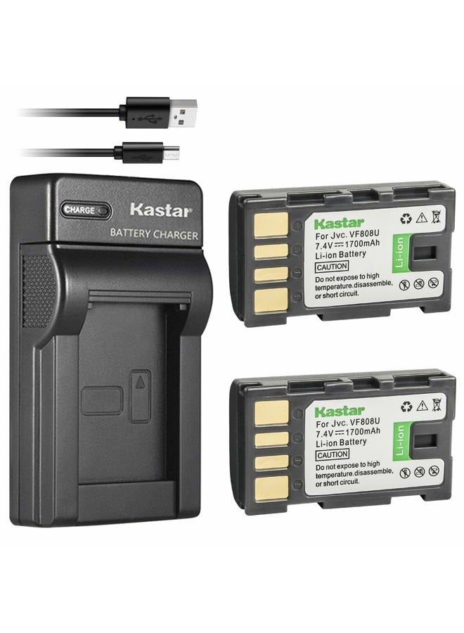Kastar Battery (X2) & Slim USB Charger for JVC BN-VF808, BN-VF808U, BNVF808 and JVC Everio GZ-MG130 148 150 155 175 255 275 575 GZ-HD7 GR-D745 746 750 760 770 771 775 790 796 JVC MiniDV + More - Image 1