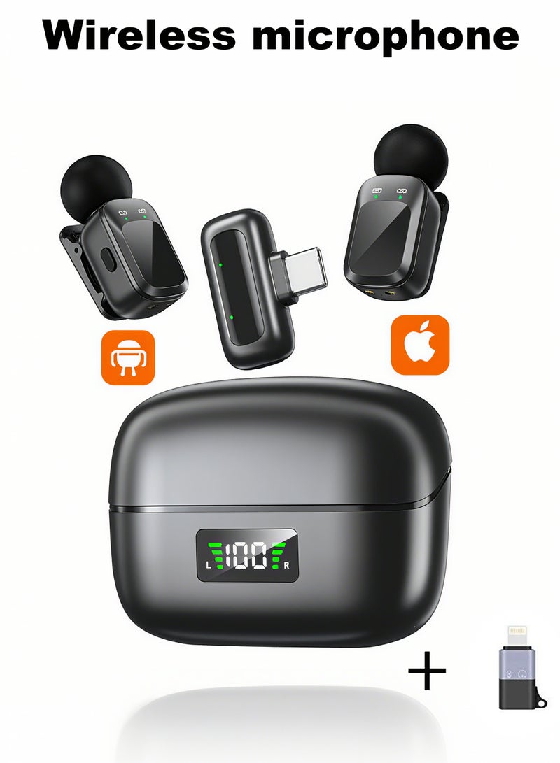 ميكروفون لافاليير لاسلكي لأجهزة iPhone/Android مع Lightning/USB C (2 TX + 2 RX + جراب شحن)، ميكروفون صغير مع خاصية إلغاء الضوضاء، بطارية 35 ساعة، ميكروفون لافاليير بمشبك لتسجيل الفيديو Vlog - Image 1