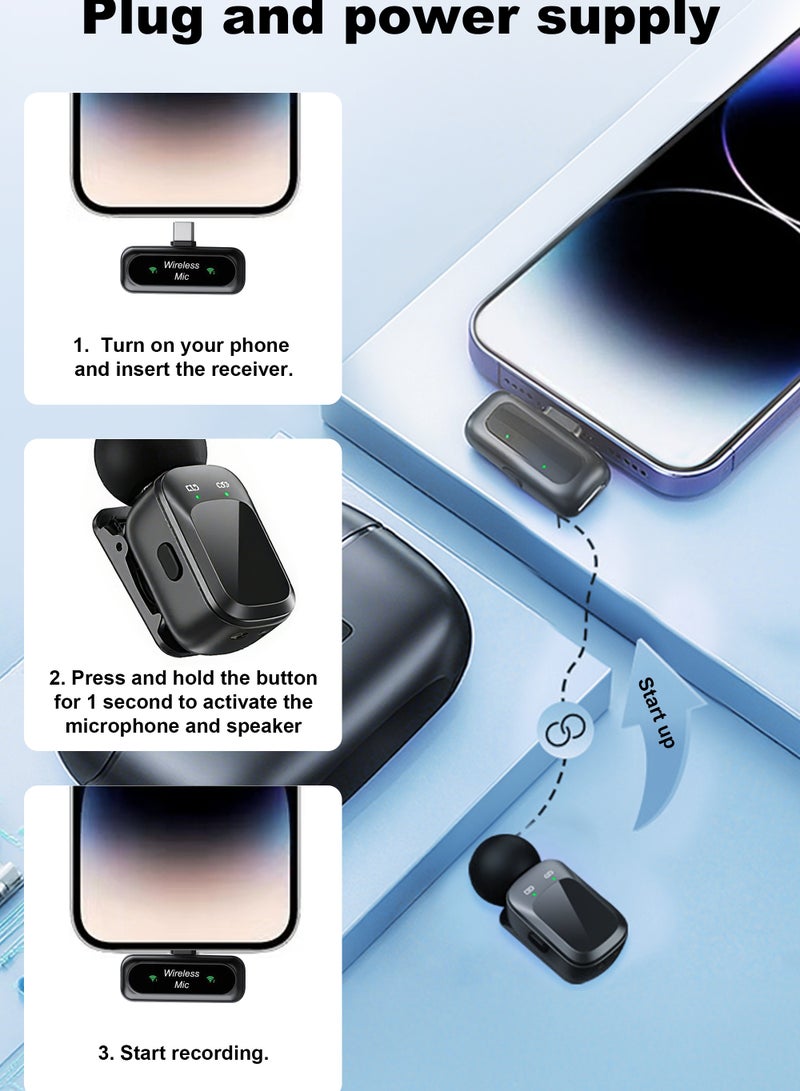 ميكروفون لافاليير لاسلكي لأجهزة iPhone/Android مع Lightning/USB C (2 TX + 2 RX + جراب شحن)، ميكروفون صغير مع خاصية إلغاء الضوضاء، بطارية 35 ساعة، ميكروفون لافاليير بمشبك لتسجيل الفيديو Vlog - Image 2