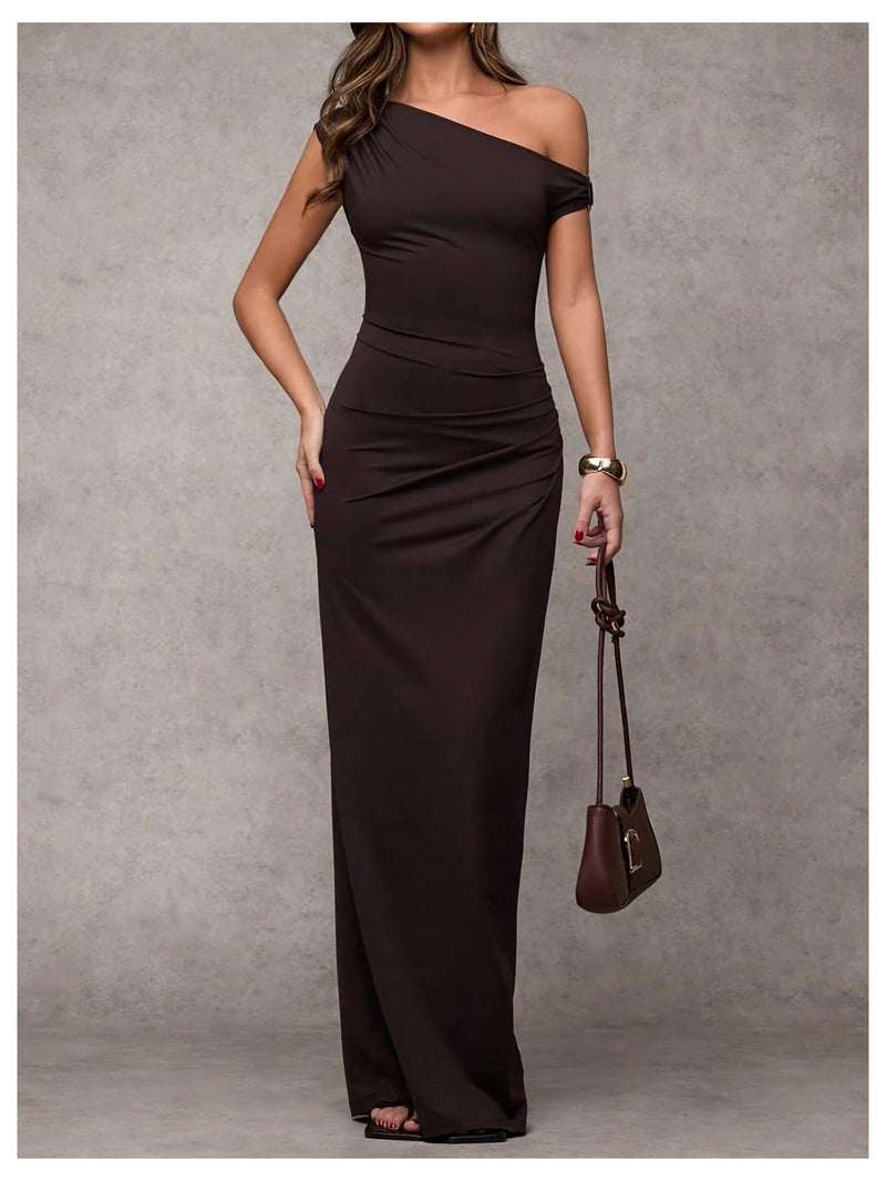 Verdusa Women's Off The Shoulder Wedding Guest Dress Asymmetrical Ruched Sleeveless Maxi Dresses Brown X-Small - Image 4