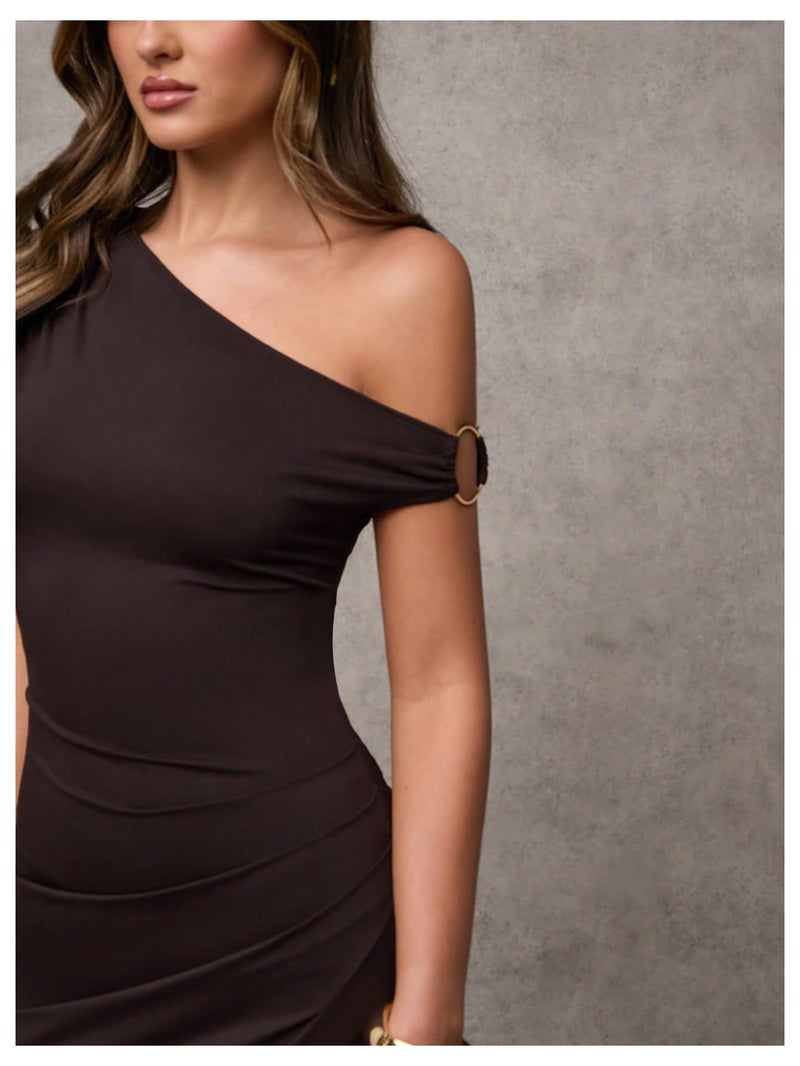 Verdusa Women's Off The Shoulder Wedding Guest Dress Asymmetrical Ruched Sleeveless Maxi Dresses Brown X-Small - Image 5