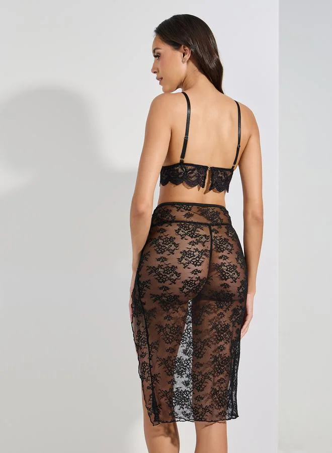 Styli Pack of 3 - Floral All Over Lace Bralette- Thong and Deep Slit Midi Skirt