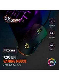porodo Gaming Wired Mouse 7200 DPI with RGB Light and 6 Programmable Buttons / High-Grade Gaming Mouse - Black  - Image 3