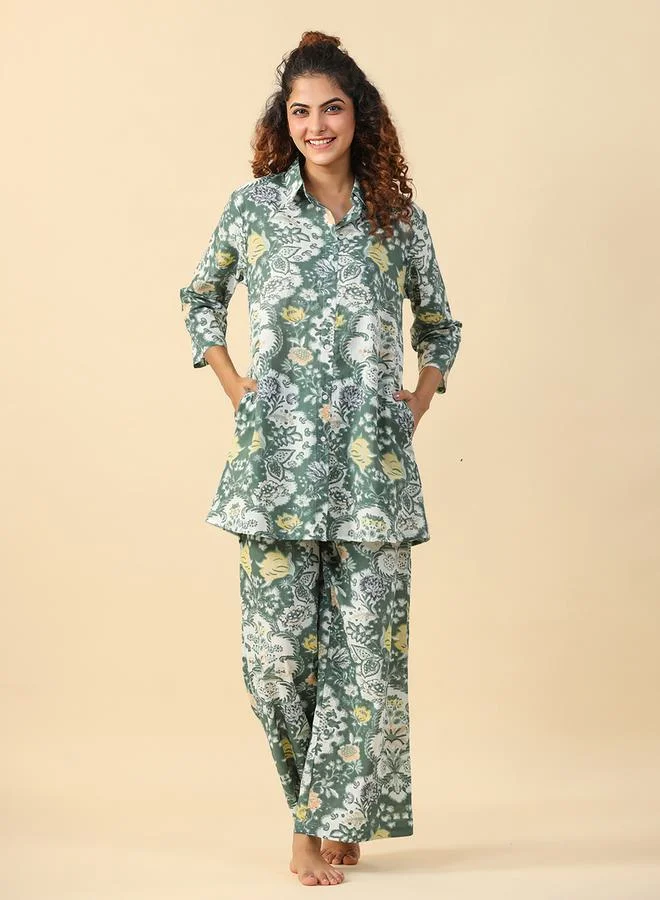 sanskrutihomes Floral Print Longline Shirt with Pockets and Wide Leg Pants Co-Ords