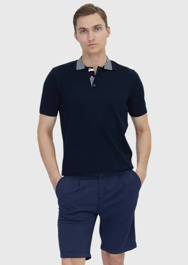 RAMSEY Navy Blue Plain Polo Neck 100% Cotton T-Shirt