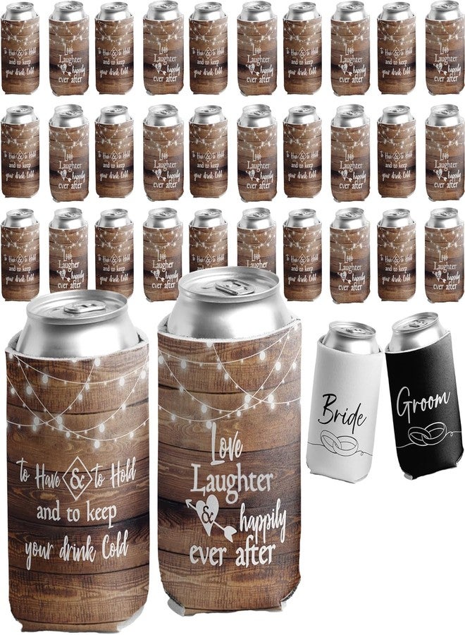 VictoryStore 52-Pack Wedding Can Coolers - Love Laughter and Happily Ever After - To Have and To Hold - Rustic Wood Grain Wedding Favors - Includes Bride & Groom Sleeves - 12-16 oz Can Sleeves - Image 1
