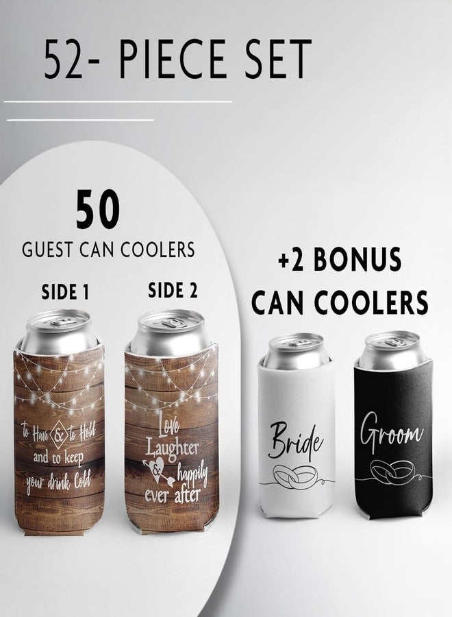 VictoryStore 52-Pack Wedding Can Coolers - Love Laughter and Happily Ever After - To Have and To Hold - Rustic Wood Grain Wedding Favors - Includes Bride & Groom Sleeves - 12-16 oz Can Sleeves - Image 2