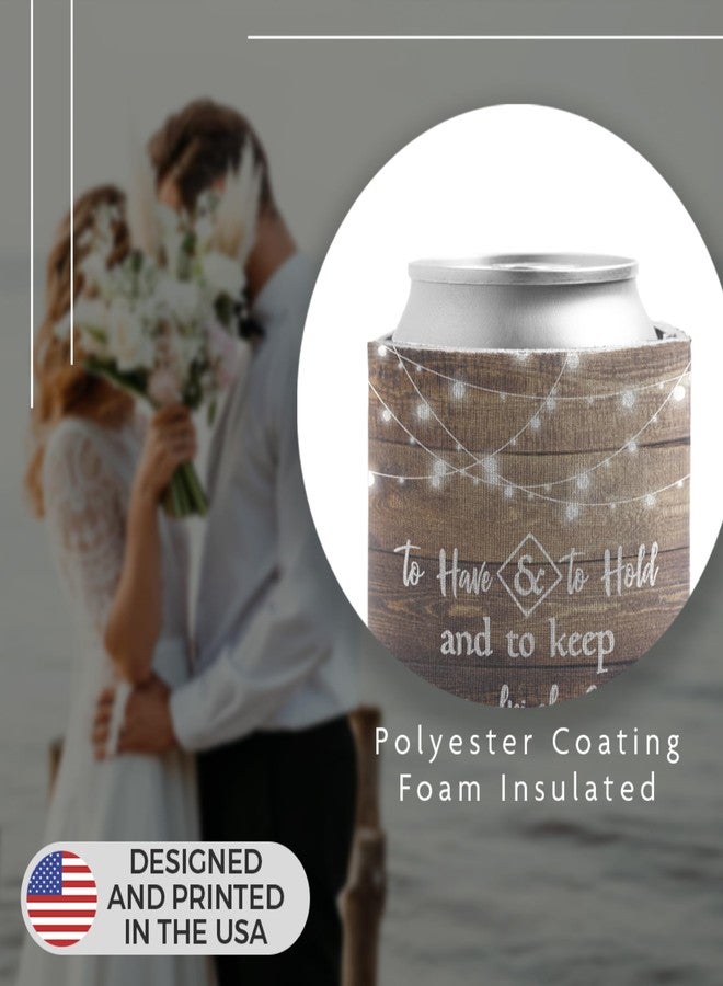 VictoryStore 52-Pack Wedding Can Coolers - Love Laughter and Happily Ever After - To Have and To Hold - Rustic Wood Grain Wedding Favors - Includes Bride & Groom Sleeves - 12-16 oz Can Sleeves - Image 4