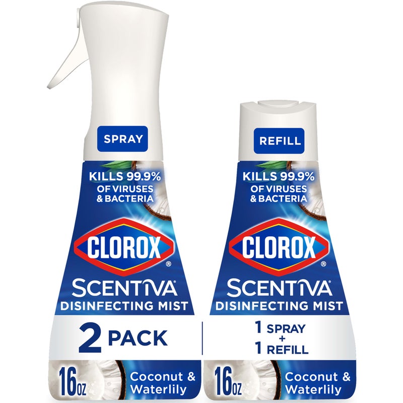 Clorox Scentiva Disinfecting Mist, Coconut and Waterlily, 1 Spray and 1 Refill, 16 oz Each - Image 1