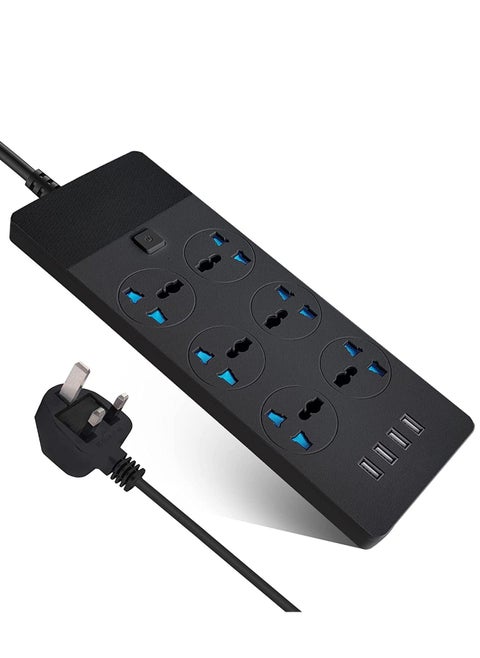 سلك تمديد قطاع الطاقة بطول 2 متر مع 6 مقابس عالمية و4 منافذ USB للشحن (أسود)توصيله كهربائيه مشترك كهرباء توصيلة وصلة كهرباء