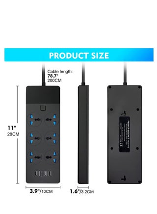 2M Power Strip Extension Cord with 6 Universal Sockets and 4 USB Ports for Charging (Black)Extension Cord - view 4