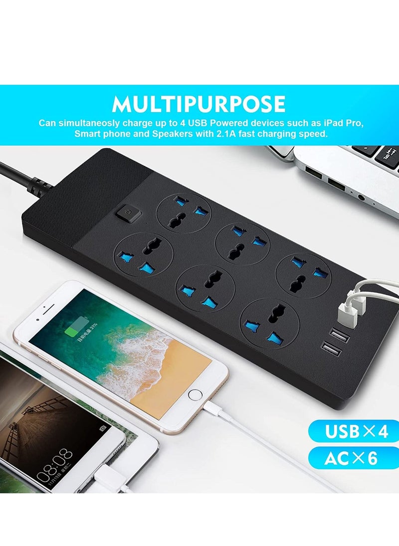 يو إل اتش واي سي - سلك تمديد قطاع الطاقة بطول 2 متر مع 6 مقابس عالمية و4 منافذ USB للشحن (أسود)توصيله كهربائيه مشترك كهرباء توصيلة وصلة كهرباء - Image 1