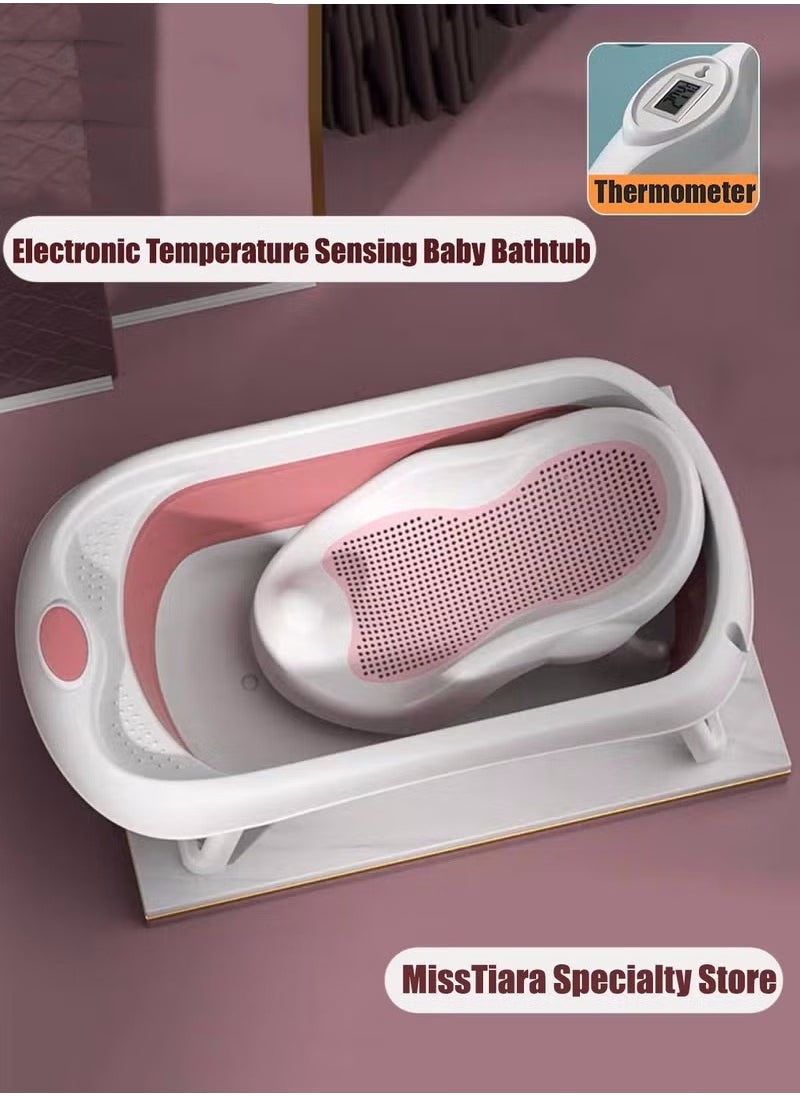 MIXDE Baby Bathtub Set with Temperature Sensing Thermometer and Baby Special Bath Bed Newborn Sitting and Lying Large Safety Bathtub  - Image 1