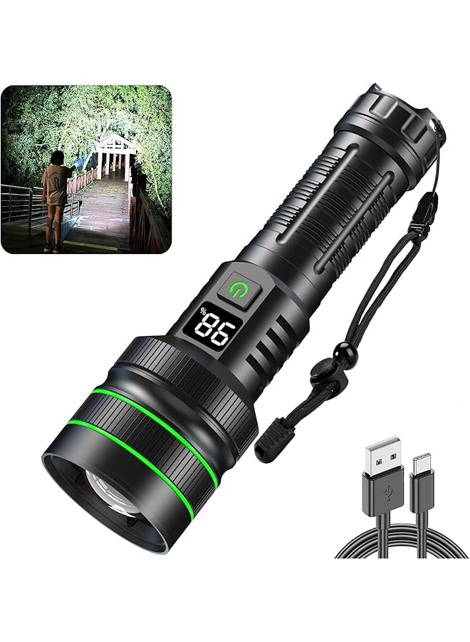 promass Flashlight Rechargeable LED Extremely Bright 90000 Lumen with Memory Function,LCD Display, 6 Light Modes, IP67 Waterproof, Super Large Aperture zoomable for Outdoor Emergencies Camping