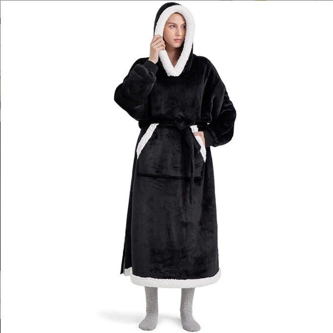 Fleece Hooded Warm Robe Autumn Winter Couch Blanket Sweatshirt Black - Image 1