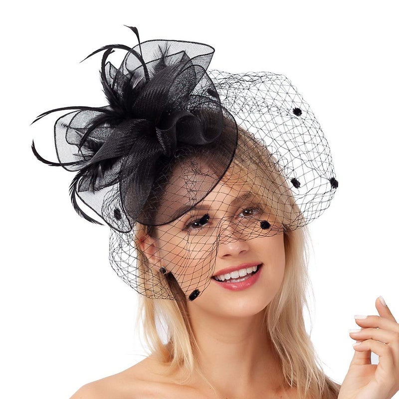 FELIZHOUSE Fascinators for Women Tea Party Hat Birdcage Veil Feather Flower Cocktail Wedding Headband with Clip - Image 2