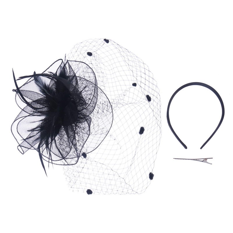 FELIZHOUSE Fascinators for Women Tea Party Hat Birdcage Veil Feather Flower Cocktail Wedding Headband with Clip - Image 5