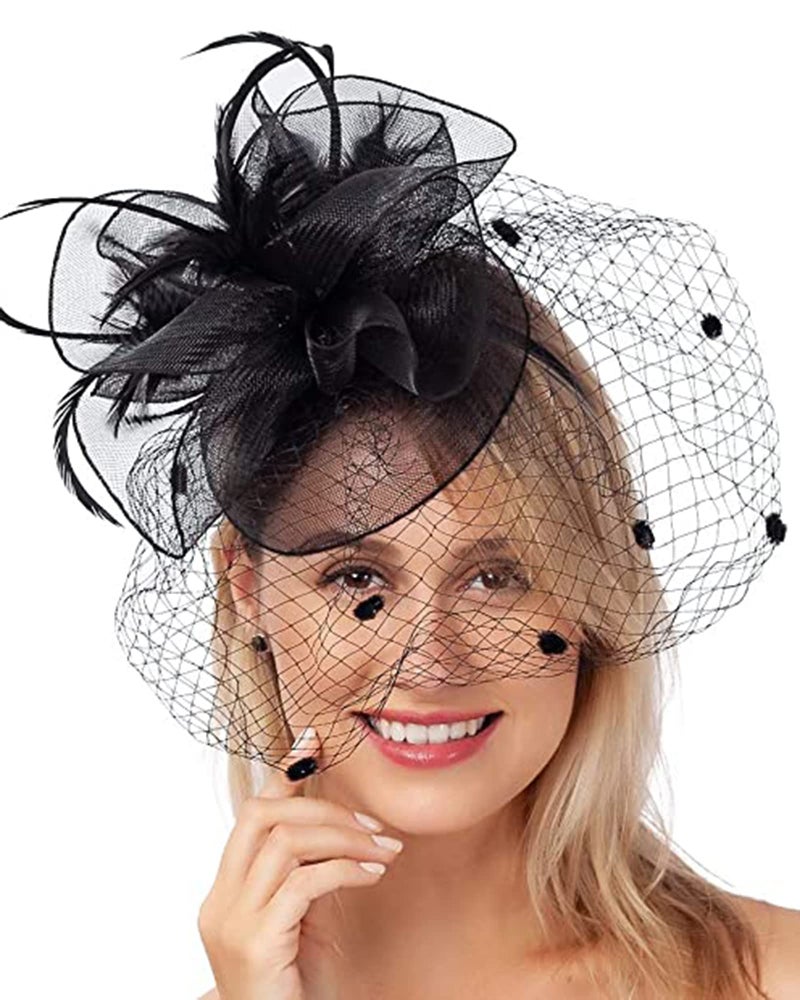 FELIZHOUSE Fascinators for Women Tea Party Hat Birdcage Veil Feather Flower Cocktail Wedding Headband with Clip - Image 1