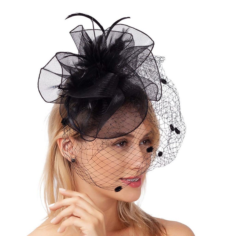 FELIZHOUSE Fascinators for Women Tea Party Hat Birdcage Veil Feather Flower Cocktail Wedding Headband with Clip - Image 3