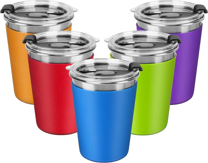 ShineMe Kids Stainless Steel Cups, 12oz Kids Metal Drinking Glasses with Lids and Sleeves, Unbreakable Spill Proof Cups for Kid and Adult, Stacking Sippy Cups for Hot Chocolate & Cold Drinks 5Pack - Image 1