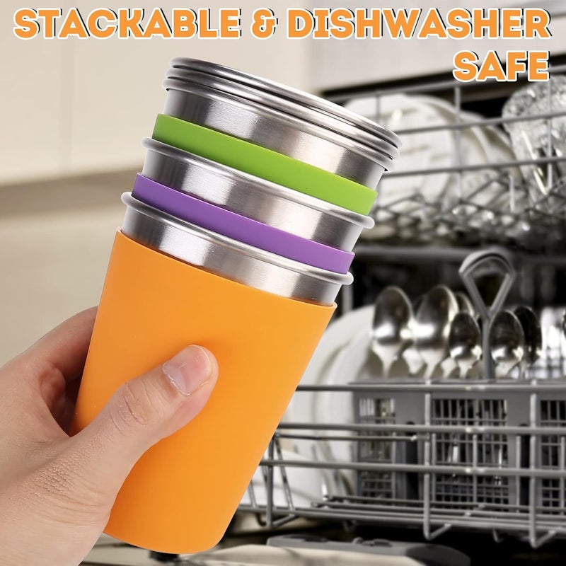 ShineMe Kids Stainless Steel Cups, 12oz Kids Metal Drinking Glasses with Lids and Sleeves, Unbreakable Spill Proof Cups for Kid and Adult, Stacking Sippy Cups for Hot Chocolate & Cold Drinks 5Pack - Image 4