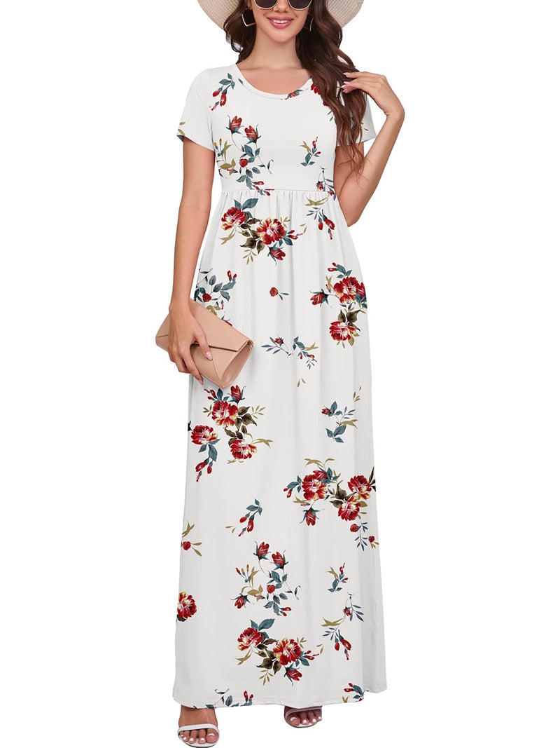 DEARCASE Maxi Dress for Women Flower White Large Crewneck Boho Short Sleeve A-line Casual Hawaiian Flowy Party Spring Summer Beach Long Dresses with Pockets - Image 1