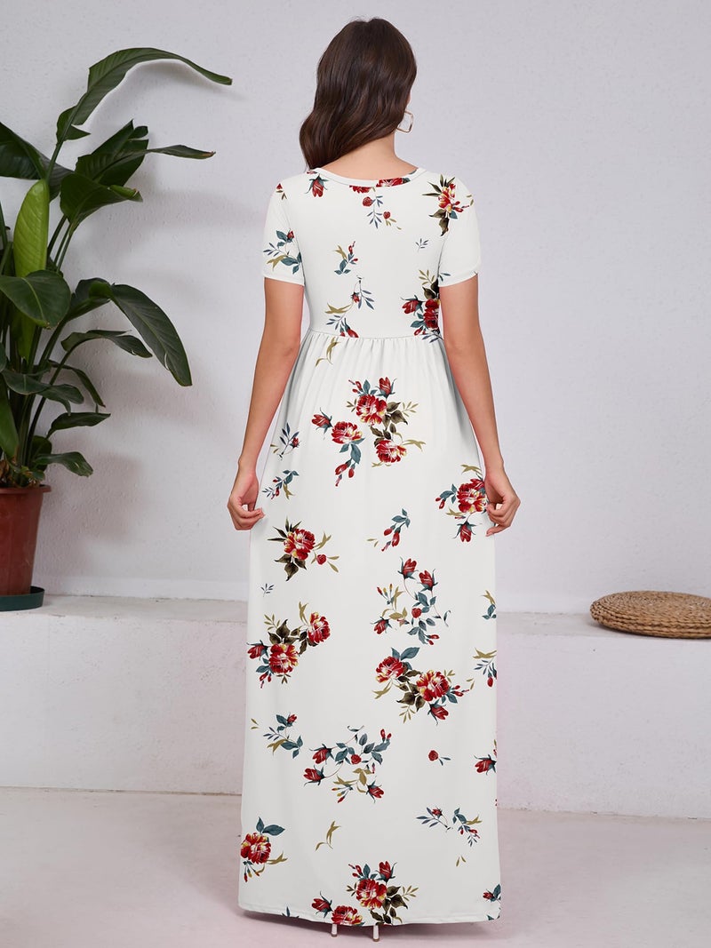 DEARCASE Maxi Dress for Women Flower White Large Crewneck Boho Short Sleeve A-line Casual Hawaiian Flowy Party Spring Summer Beach Long Dresses with Pockets - Image 2