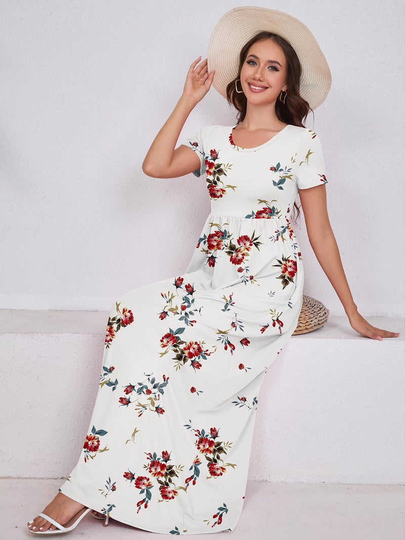 DEARCASE Maxi Dress for Women Flower White Large Crewneck Boho Short Sleeve A-line Casual Hawaiian Flowy Party Spring Summer Beach Long Dresses with Pockets - Image 3