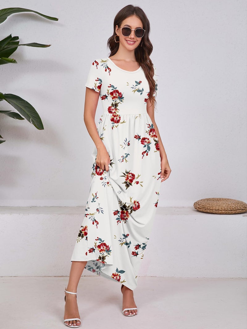 DEARCASE Maxi Dress for Women Flower White Large Crewneck Boho Short Sleeve A-line Casual Hawaiian Flowy Party Spring Summer Beach Long Dresses with Pockets - Image 4