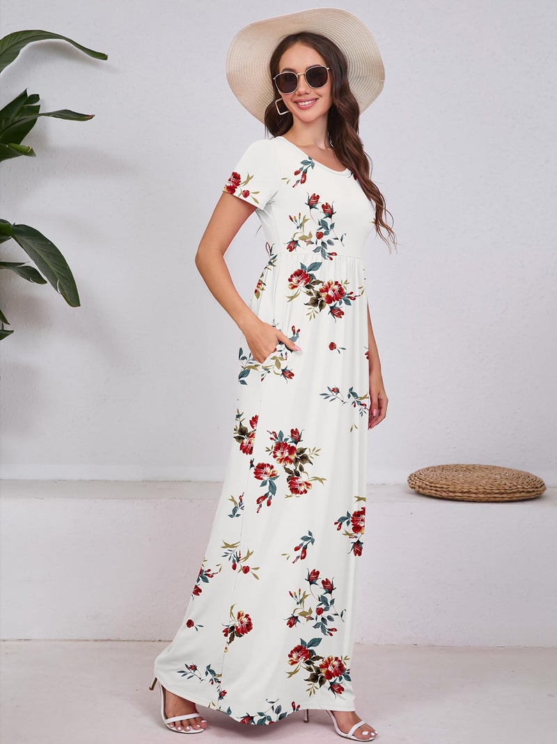 DEARCASE Maxi Dress for Women Flower White Large Crewneck Boho Short Sleeve A-line Casual Hawaiian Flowy Party Spring Summer Beach Long Dresses with Pockets - Image 5
