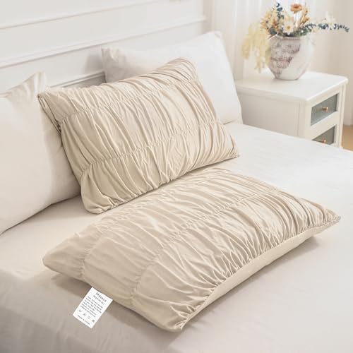 Masaca Oversized Comforter King Size(120"x120"),Lightweight Ruched Ruffle Bedding Comforter Set,3 Pieces Wheat California King Microfiber Shabby Boho Chic Bedding Set for All Season - Image 2