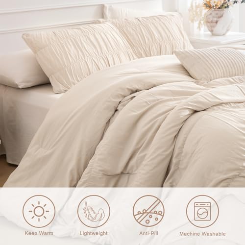 Masaca Oversized Comforter King Size(120"x120"),Lightweight Ruched Ruffle Bedding Comforter Set,3 Pieces Wheat California King Microfiber Shabby Boho Chic Bedding Set for All Season - Image 3