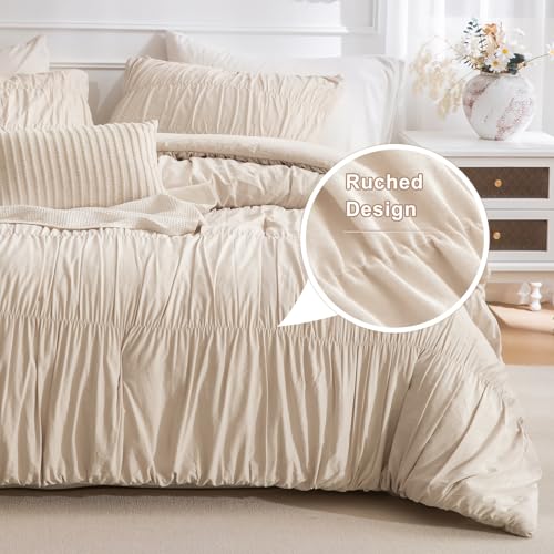 Masaca Oversized Comforter King Size(120"x120"),Lightweight Ruched Ruffle Bedding Comforter Set,3 Pieces Wheat California King Microfiber Shabby Boho Chic Bedding Set for All Season - Image 4