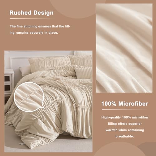 Masaca Oversized Comforter King Size(120"x120"),Lightweight Ruched Ruffle Bedding Comforter Set,3 Pieces Wheat California King Microfiber Shabby Boho Chic Bedding Set for All Season - Image 5