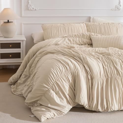 Masaca Oversized Comforter King Size(120"x120"),Lightweight Ruched Ruffle Bedding Comforter Set,3 Pieces Wheat California King Microfiber Shabby Boho Chic Bedding Set for All Season - Image 1