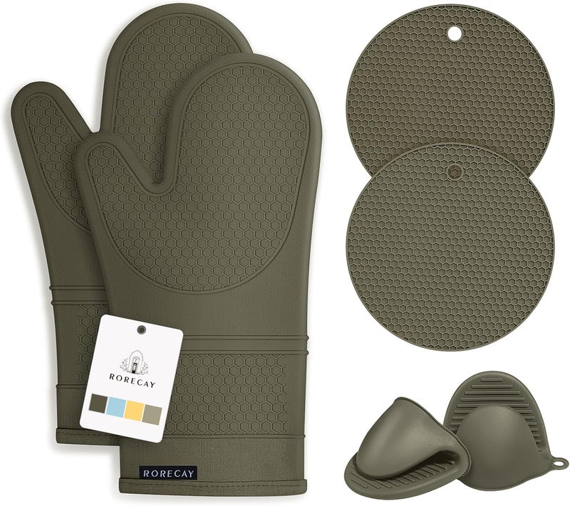 Rorecay 6pcs Oven Mitts and Pot Holders Sets for Kitchen, Extra Long Silicone Oven Gloves Heat Resistant 500 Degrees Non-Slip Potholders Hot Pads for Baking Cooking, Forest Night - Image 1