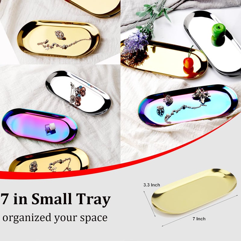 Fermus Stainless Steel Decorative Tray, Set of 2, 7 Inch Long, Jewelry Dish Cosmetics Organizer Bathroom Clutter Serving Platter Small Storage Tray, Oval, Gold - Image 2