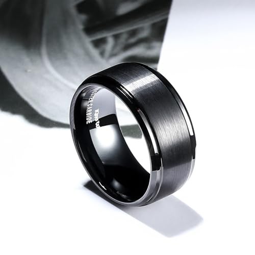 King Will Men's Black Tungsten Carbide Ring 10mm Polished Step Edge Matte Brushed Finish Center Wedding Band(12.5) - Image 3