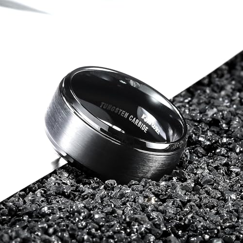 King Will Men's Black Tungsten Carbide Ring 10mm Polished Step Edge Matte Brushed Finish Center Wedding Band(12.5) - Image 2